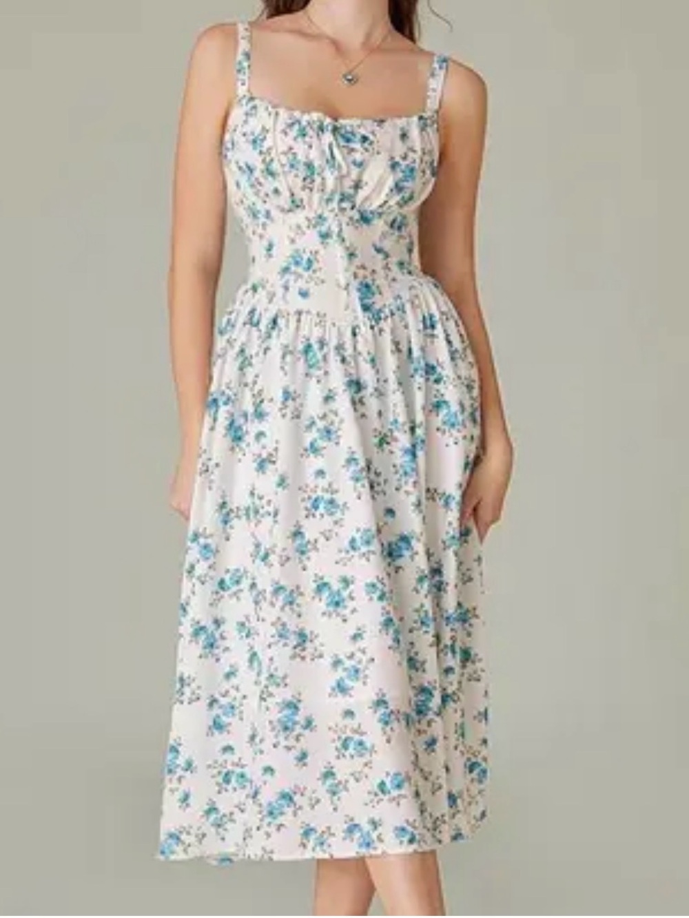 Grace Karin White Midi Dress with Blue Floral Print